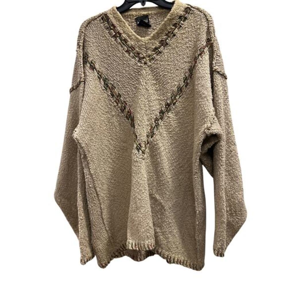 ROBERT COMSTOCK ENDURANCE Vintage chunky tan sweater contrast stitching sz XL